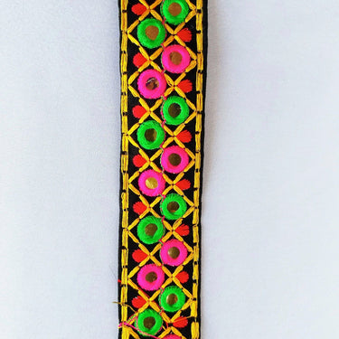 Black Cotton Fabric Mirrored Trim With Embroidery In Fuchsia Pink, Green, Red & Yellow Threads